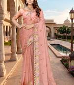 peach color vari silk resham embroidered work sarees