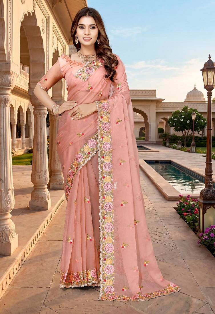 peach color vari silk resham embroidered work sarees