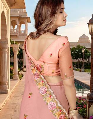 peach color vari silk resham embroidered work sarees 2