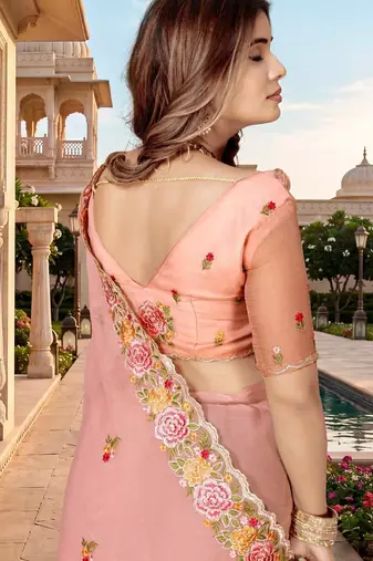 peach color vari silk resham embroidered work sarees