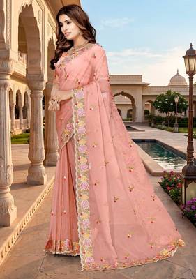 peach color vari silk resham embroidered work sarees 3
