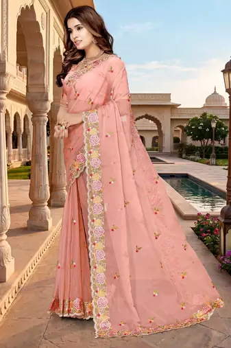 peach color vari silk resham embroidered work sarees