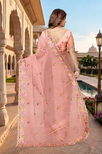 peach color vari silk resham embroidered work sarees