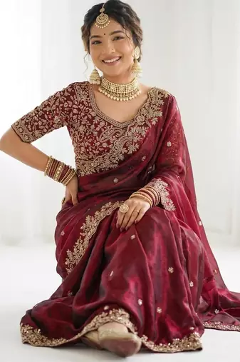 Jimmy choo embroidery work embellished wedding wear saree unstitched blouse piece