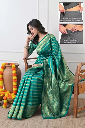 teal woven design silk blend ready to wear saree | pre draped party wear saree