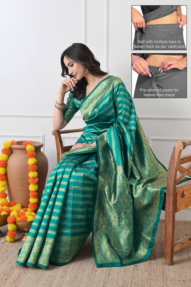 teal woven design silk blend ready to wear saree | pre draped party wear saree