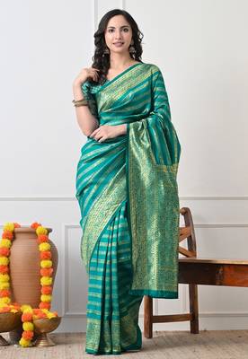 teal woven design silk blend ready to wear saree | pre draped party wear saree 2