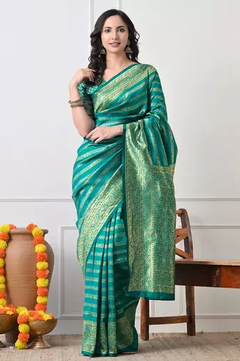 teal woven design silk blend ready to wear saree | pre draped party wear saree