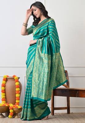 teal woven design silk blend ready to wear saree | pre draped party wear saree 3