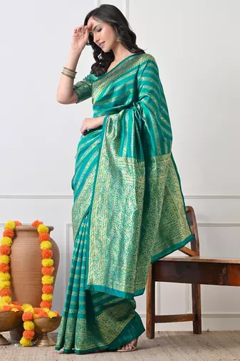 teal woven design silk blend ready to wear saree | pre draped party wear saree