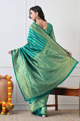 teal woven design silk blend ready to wear saree | pre draped party wear saree 4