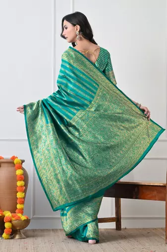 teal woven design silk blend ready to wear saree | pre draped party wear saree