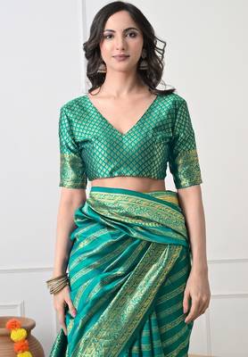 teal woven design silk blend ready to wear saree | pre draped party wear saree 5