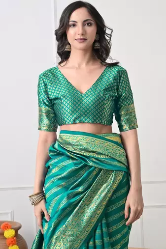 teal woven design silk blend ready to wear saree | pre draped party wear saree