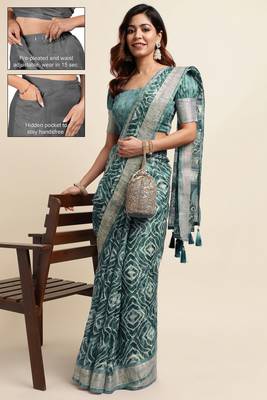 teal shibori/tie & dye print cotton blend ready to wear saree with pocket | pre draped party wear saree 2