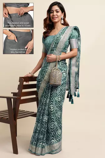teal shibori/tie & dye print cotton blend ready to wear saree with pocket | pre draped party wear saree