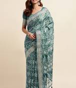 teal shibori/tie & dye print cotton blend ready to wear saree with pocket | pre draped party wear saree
