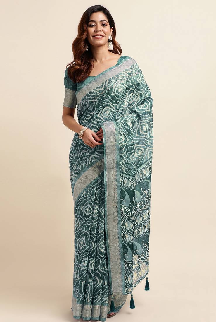 teal shibori/tie & dye print cotton blend ready to wear saree with pocket | pre draped party wear saree
