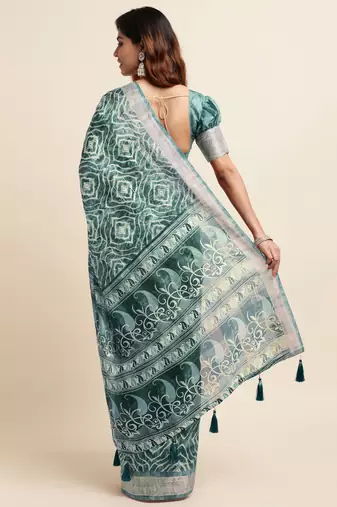 teal shibori/tie & dye print cotton blend ready to wear saree with pocket | pre draped party wear saree