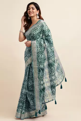 teal shibori/tie & dye print cotton blend ready to wear saree with pocket | pre draped party wear saree