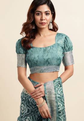 teal shibori/tie & dye print cotton blend ready to wear saree with pocket | pre draped party wear saree 5