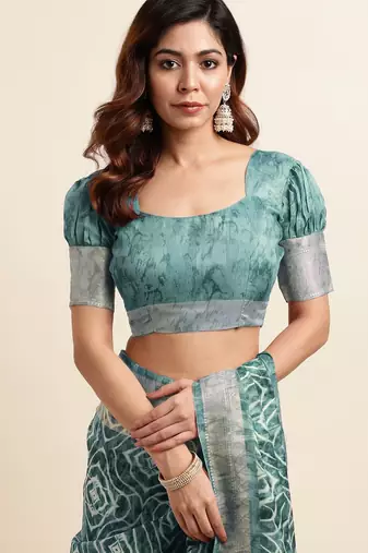 teal shibori/tie & dye print cotton blend ready to wear saree with pocket | pre draped party wear saree