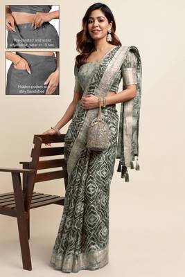 green shibori/tie & dye print cotton blend ready to wear saree with pocket | pre draped party wear saree 2
