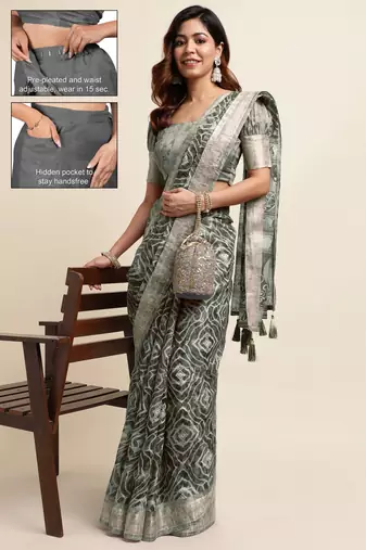 green shibori/tie & dye print cotton blend ready to wear saree with pocket | pre draped party wear saree