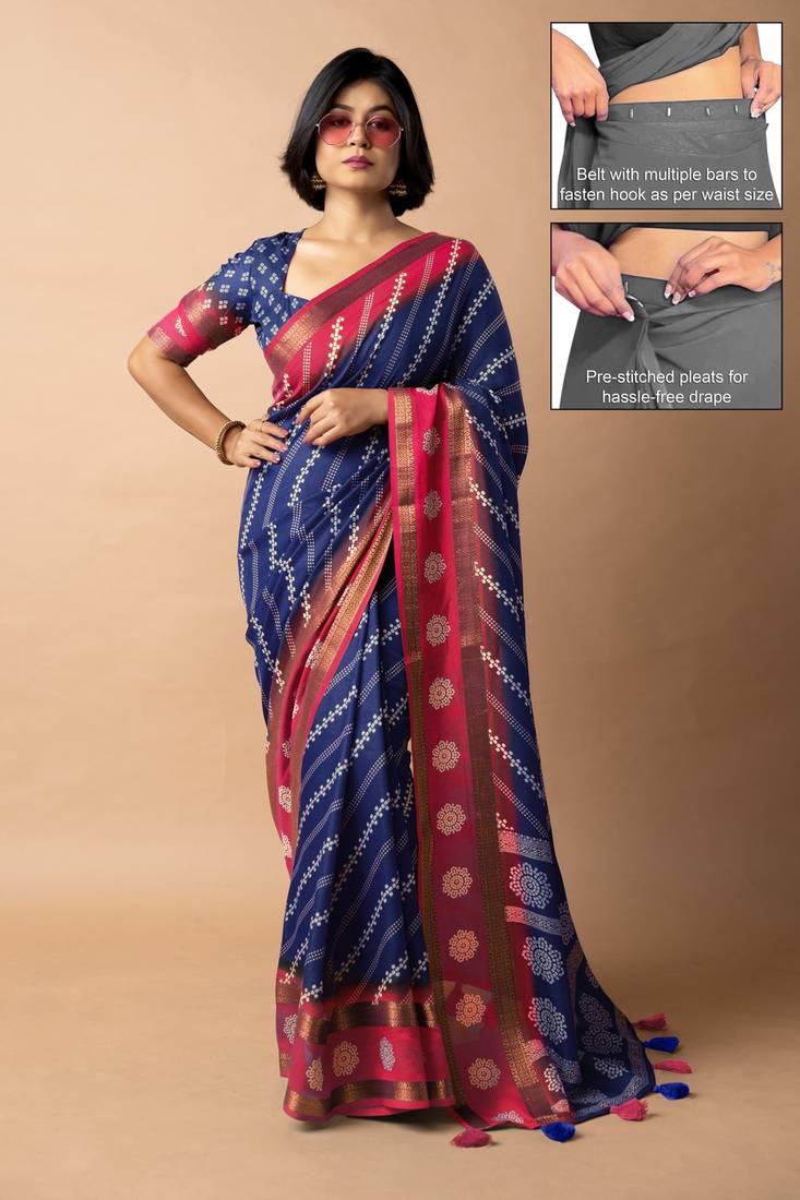 blue stripes print cotton silk ready to wear saree | pre draped party wear saree