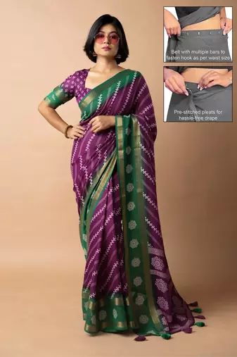 magenta stripes print cotton silk ready to wear saree | pre draped party wear saree