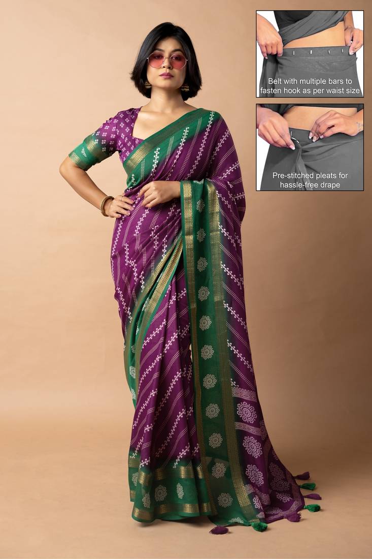 magenta stripes print cotton silk ready to wear saree | pre draped party wear saree