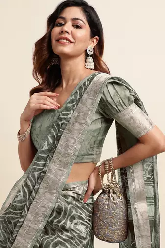 green shibori/tie & dye print cotton blend ready to wear saree with pocket | pre draped party wear saree