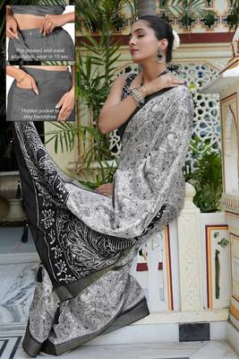 white peacock print cotton blend ready to wear saree with pocket | pre draped party wear saree 1