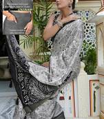 white peacock print cotton blend ready to wear saree with pocket | pre draped party wear saree