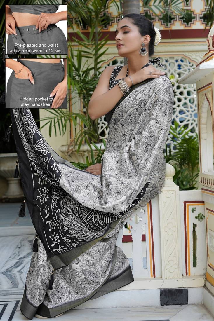 white peacock print cotton blend ready to wear saree with pocket | pre draped party wear saree