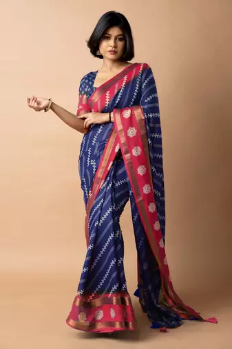 blue stripes print cotton silk ready to wear saree | pre draped party wear saree