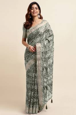 green shibori/tie & dye print cotton blend ready to wear saree with pocket | pre draped party wear saree 1