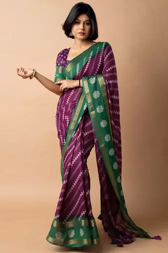 magenta stripes print cotton silk ready to wear saree | pre draped party wear saree