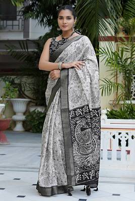 white peacock print cotton blend ready to wear saree with pocket | pre draped party wear saree 2