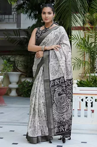 white peacock print cotton blend ready to wear saree with pocket | pre draped party wear saree