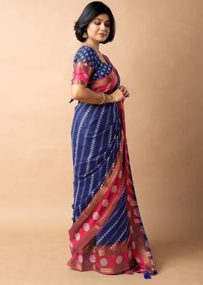 blue stripes print cotton silk ready to wear saree | pre draped party wear saree 3