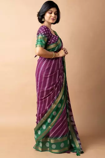 magenta stripes print cotton silk ready to wear saree | pre draped party wear saree