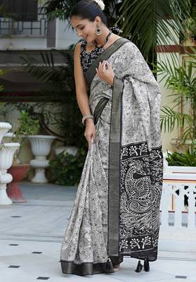 white peacock print cotton blend ready to wear saree with pocket | pre draped party wear saree 3