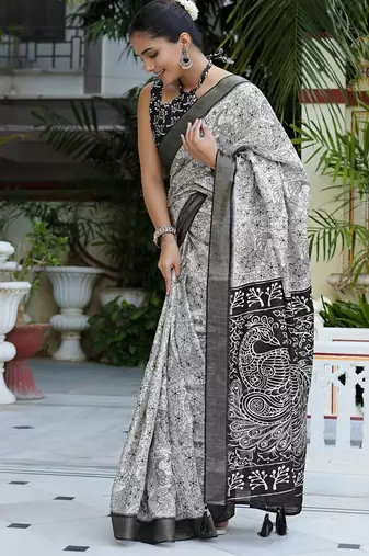 white peacock print cotton blend ready to wear saree with pocket | pre draped party wear saree
