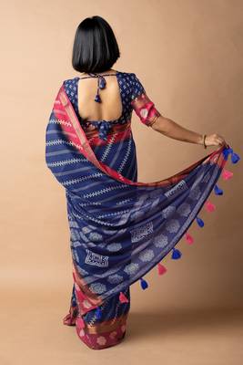 blue stripes print cotton silk ready to wear saree | pre draped party wear saree 4