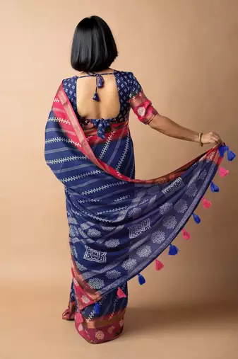 blue stripes print cotton silk ready to wear saree | pre draped party wear saree