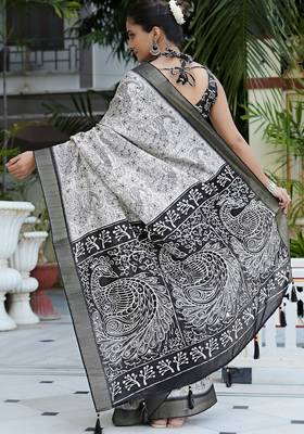 white peacock print cotton blend ready to wear saree with pocket | pre draped party wear saree 4