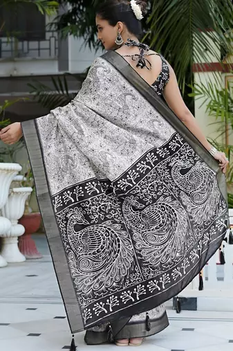 white peacock print cotton blend ready to wear saree with pocket | pre draped party wear saree