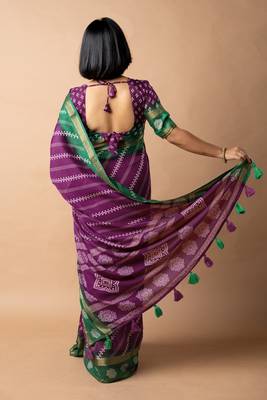 magenta stripes print cotton silk ready to wear saree | pre draped party wear saree 4