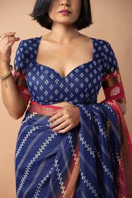 blue stripes print cotton silk ready to wear saree | pre draped party wear saree 5